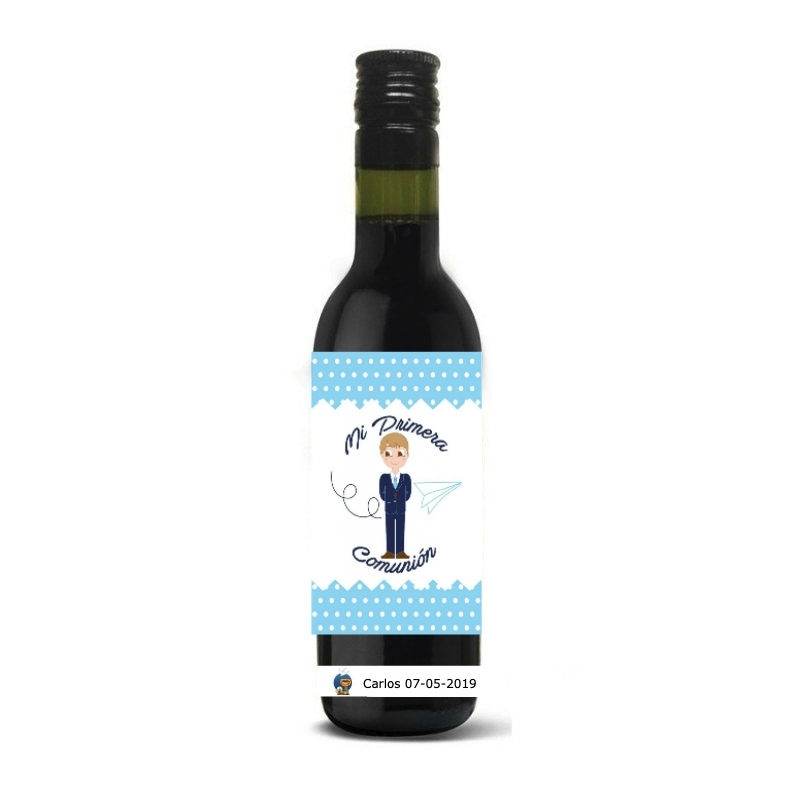Vino personalizzato per dettagli su bottiglie di comunione con nome, data e adesivo bambino