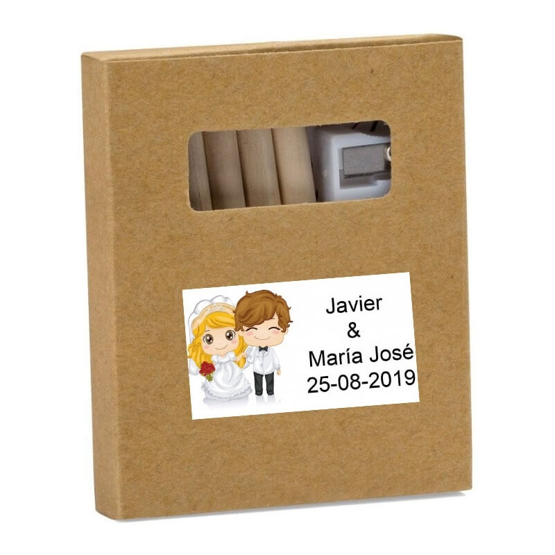 Matite colorate in scatola kraft personalizzata con adesivo matrimonio con nomi e data