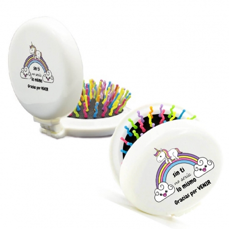 Spazzola per Capelli Pieghevole con Specchio Design di Unicorno