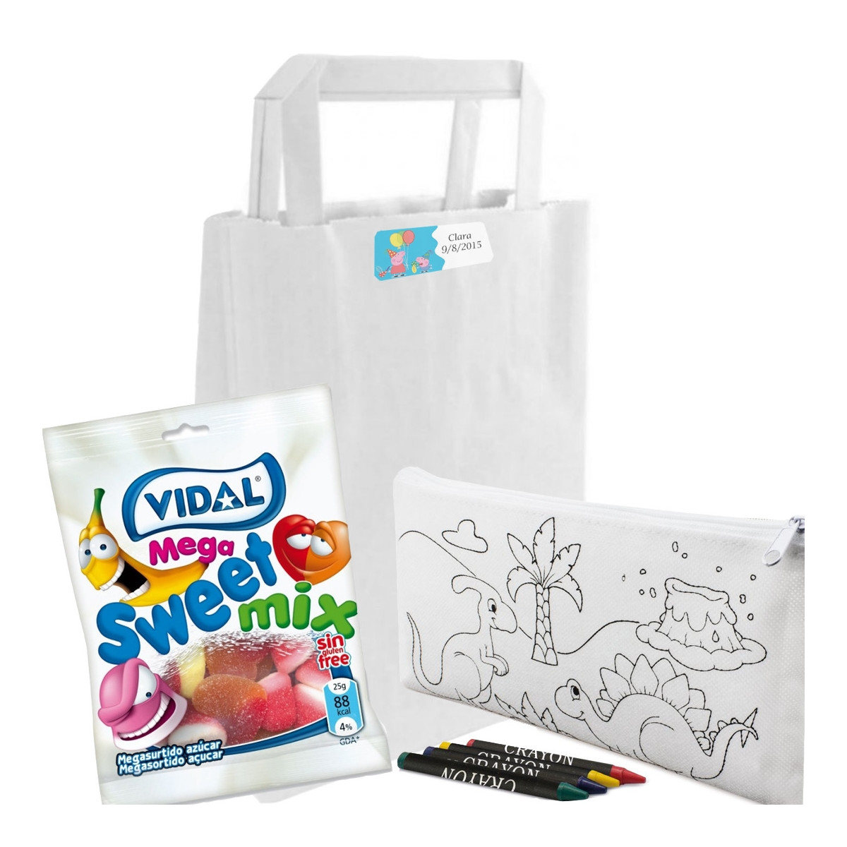 Astuccio per colorare e caramelle in borsa personalizzata con adesivo per bambini