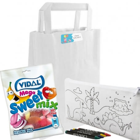Astuccio per colorare e caramelle in borsa personalizzata con adesivo per bambini