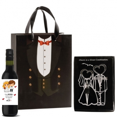 Set di tappo e cavatappi con bottiglia piccola di vino in borsa di cartone