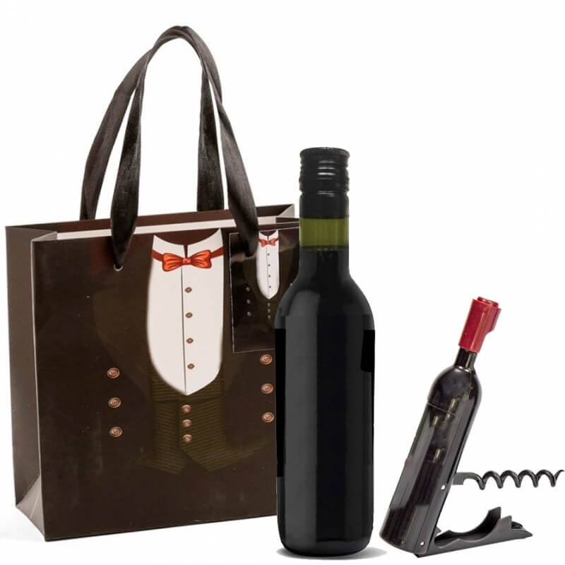 Regalo vino con cavatappi in borsa di cartone