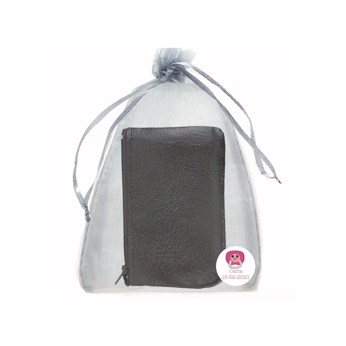 Portafoglio in similpelle nera con sacchetto in organza e adesivo personalizzato Un dettaglio elegante e pratico