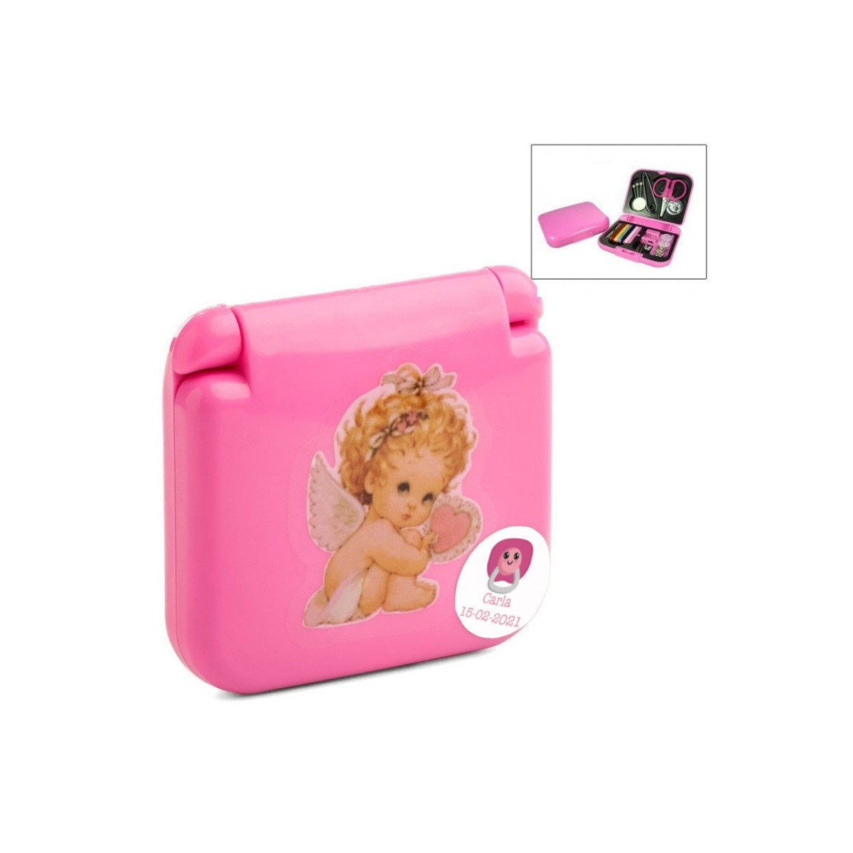 Kit da cucito per una borsa personalizzata per battesimo o baby shower con un adesivo angelo