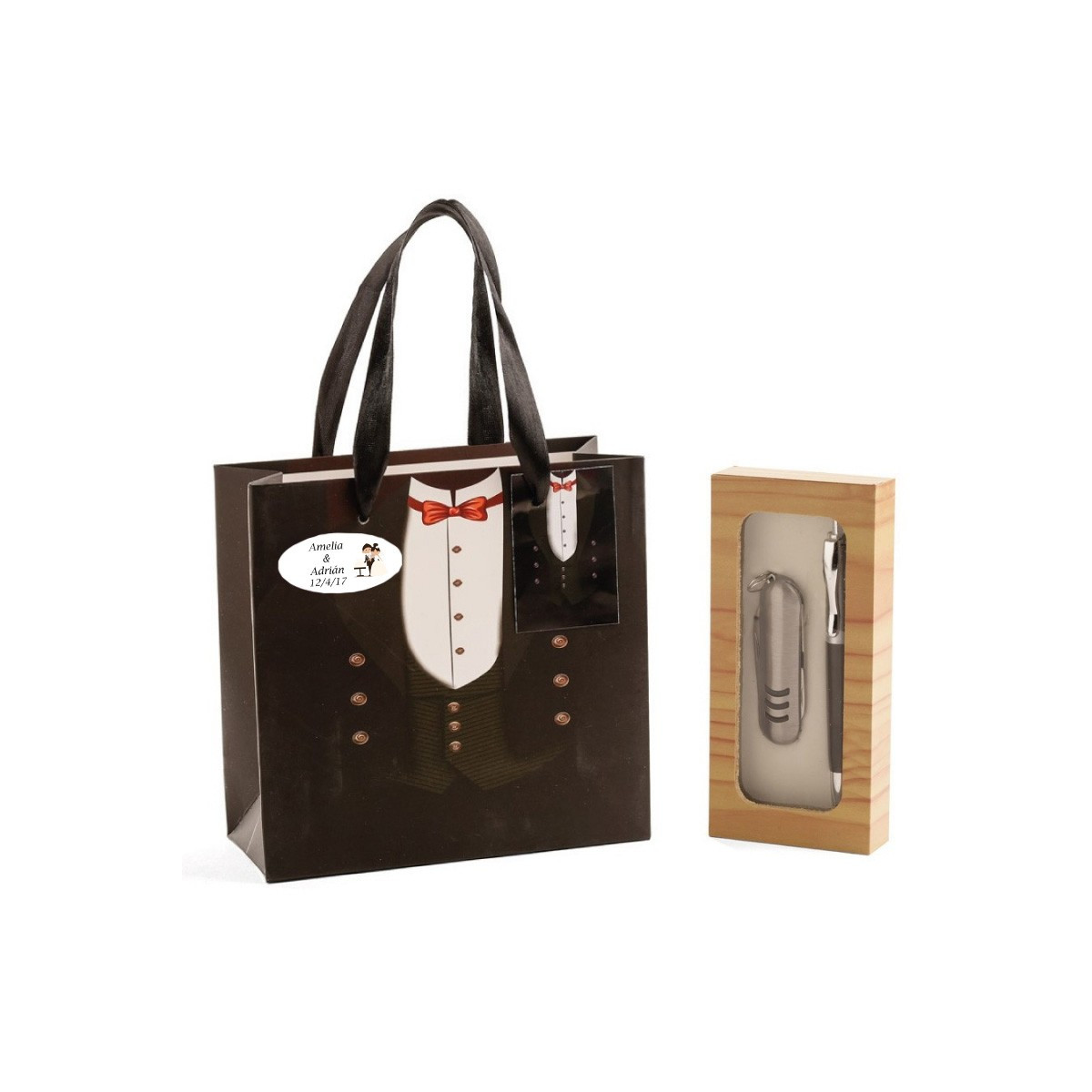 Coltello e penna per matrimonio presentati in una scatola e borsa personalizzata