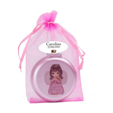 Spazzola a specchio con adesivo angelita e borsa in organza personalizzata con adesivo