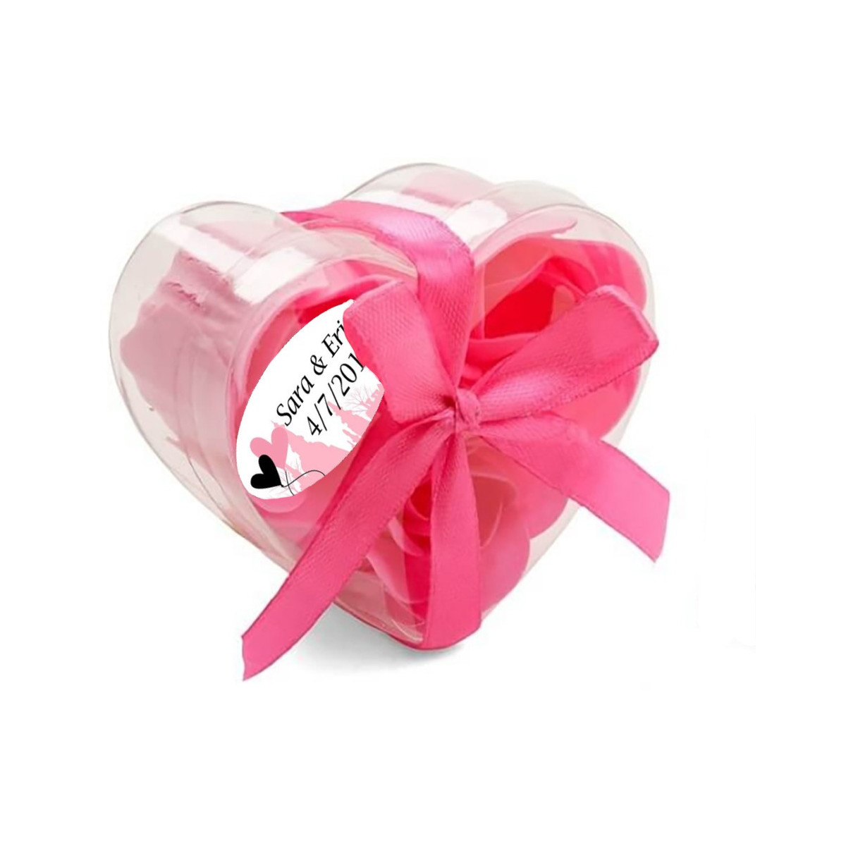 Rose di sapone in scatola di acetato a forma di cuore con adesivo per matrimonio personalizzato