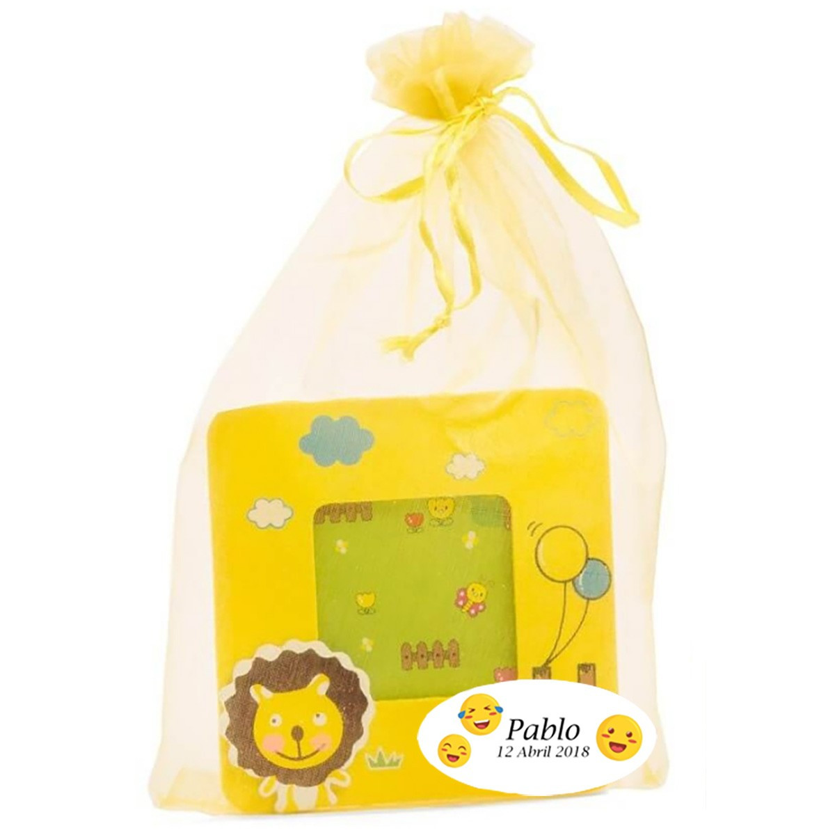 Portafoto infantile in sacchetto di organza personalizzato con adesivo infantile