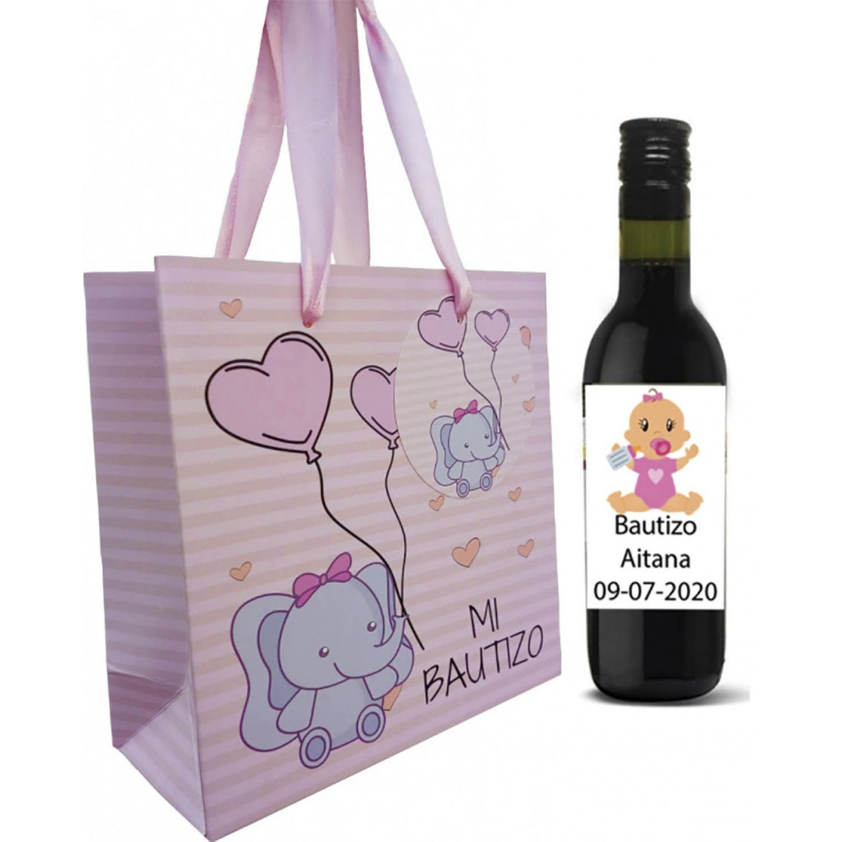 Vino rosso invitati battesimo con borsa personalizzata