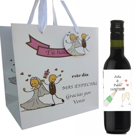 Vino rosso personalizzato per matrimonio con borsa