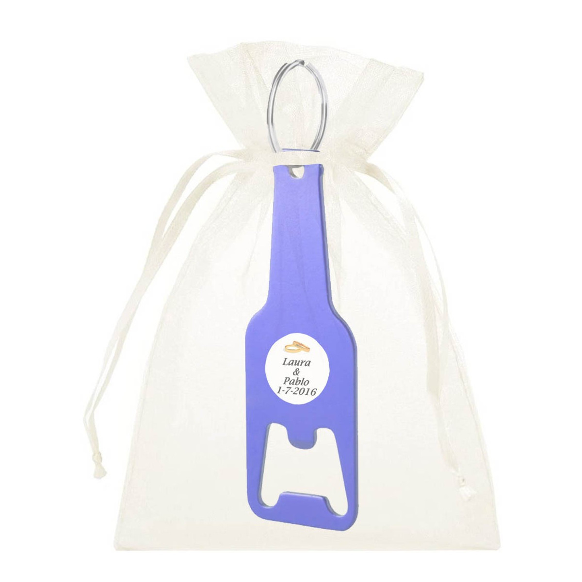 Portachiavi apribottiglie con borsa da matrimonio personalizzata e adesivo