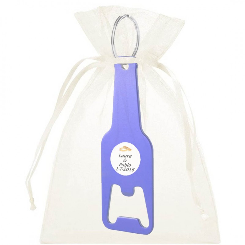Portachiavi apribottiglie con borsa da matrimonio personalizzata e adesivo