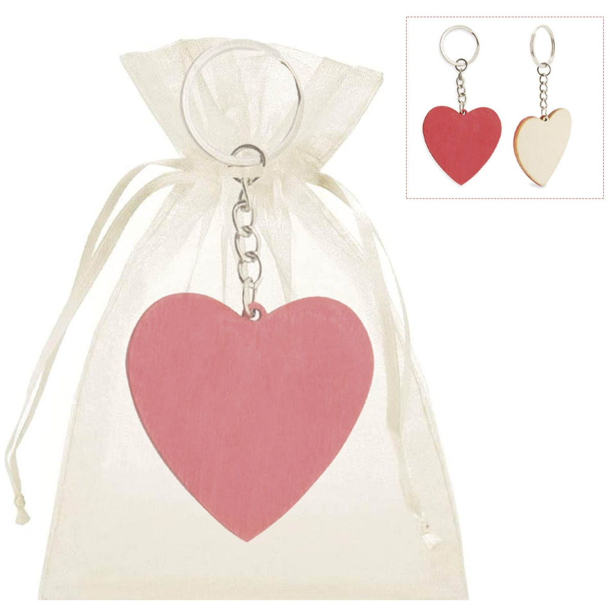 Portachiavi a forma di cuore in legno con sacchetto in organza