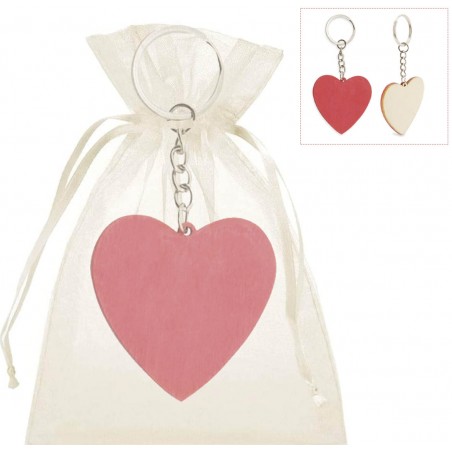 Portachiavi a forma di cuore in legno con sacchetto in organza