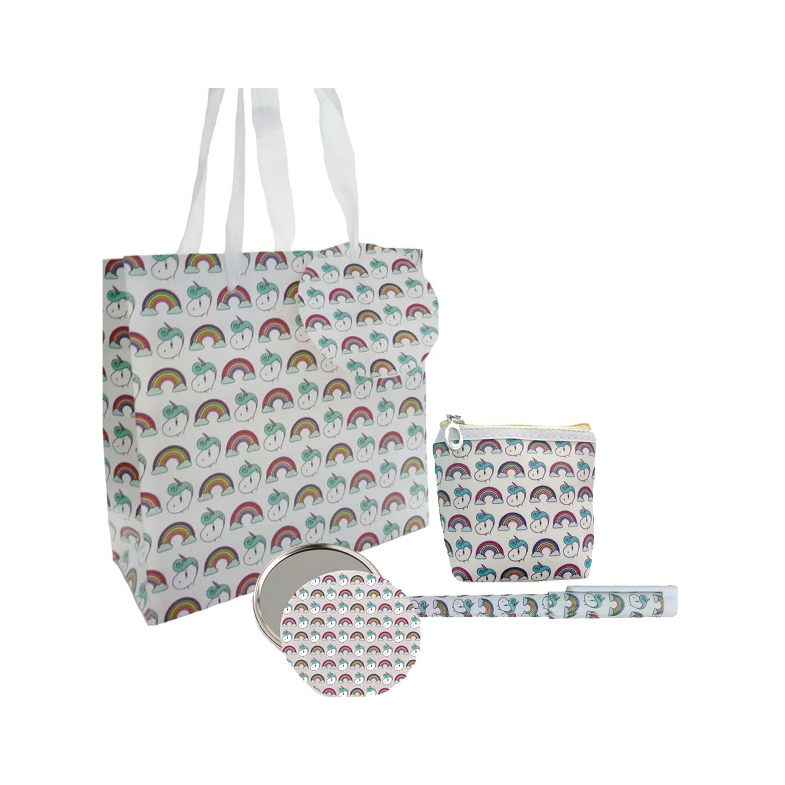 Set regalo in borsa stampata unicorno con penna specchio e portamonete