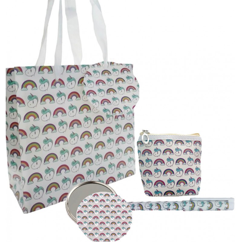 Set regalo in borsa stampata unicorno con penna specchio e portamonete