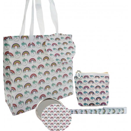 Set regalo in borsa stampata unicorno con penna specchio e portamonete