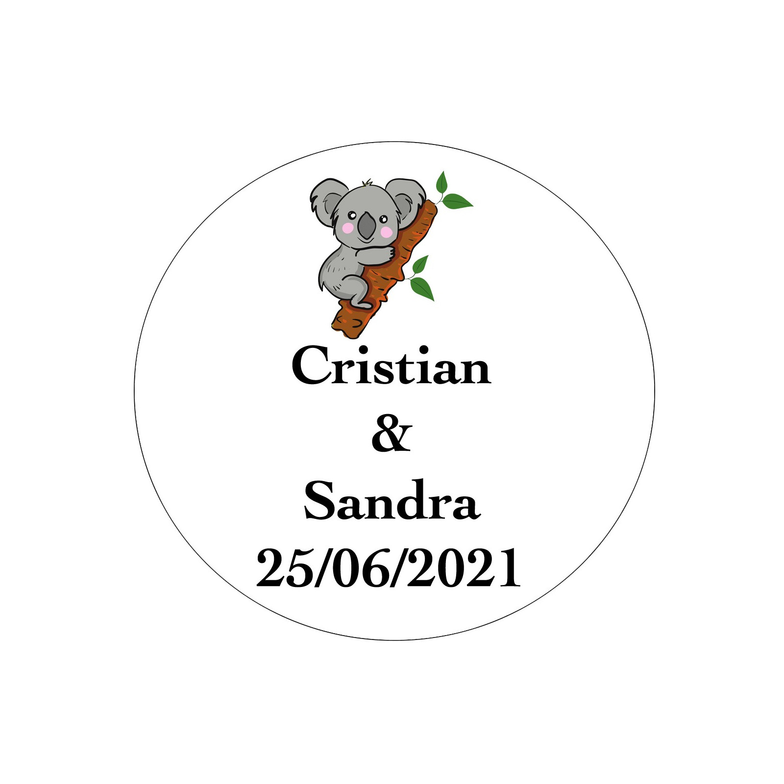 Adesivo per matrimonio koala personalizzato con nomi e data