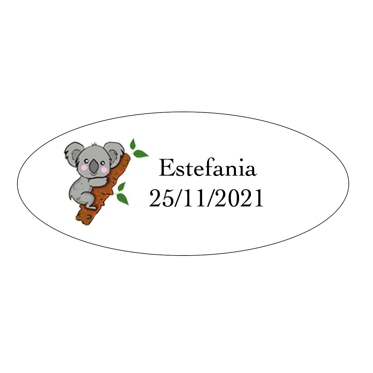 Adesivo koala ovale personalizzato con nome e data