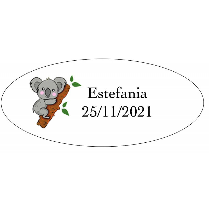 Adesivo koala ovale personalizzato con nome e data