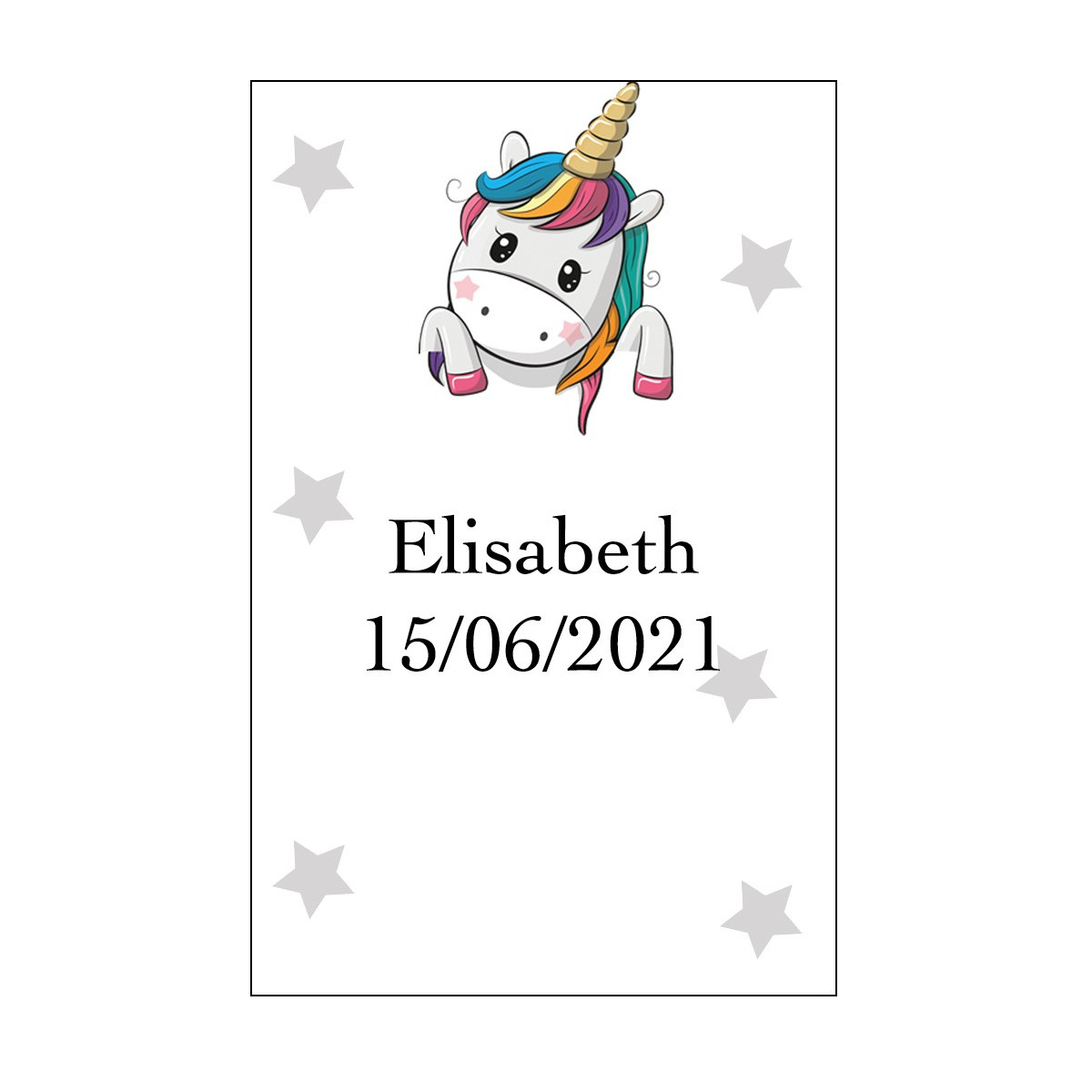 Adesivo unicorno cuori grande personalizzato con nome e data per matrimoni, battesimi, comunioni, compleanni e aziende