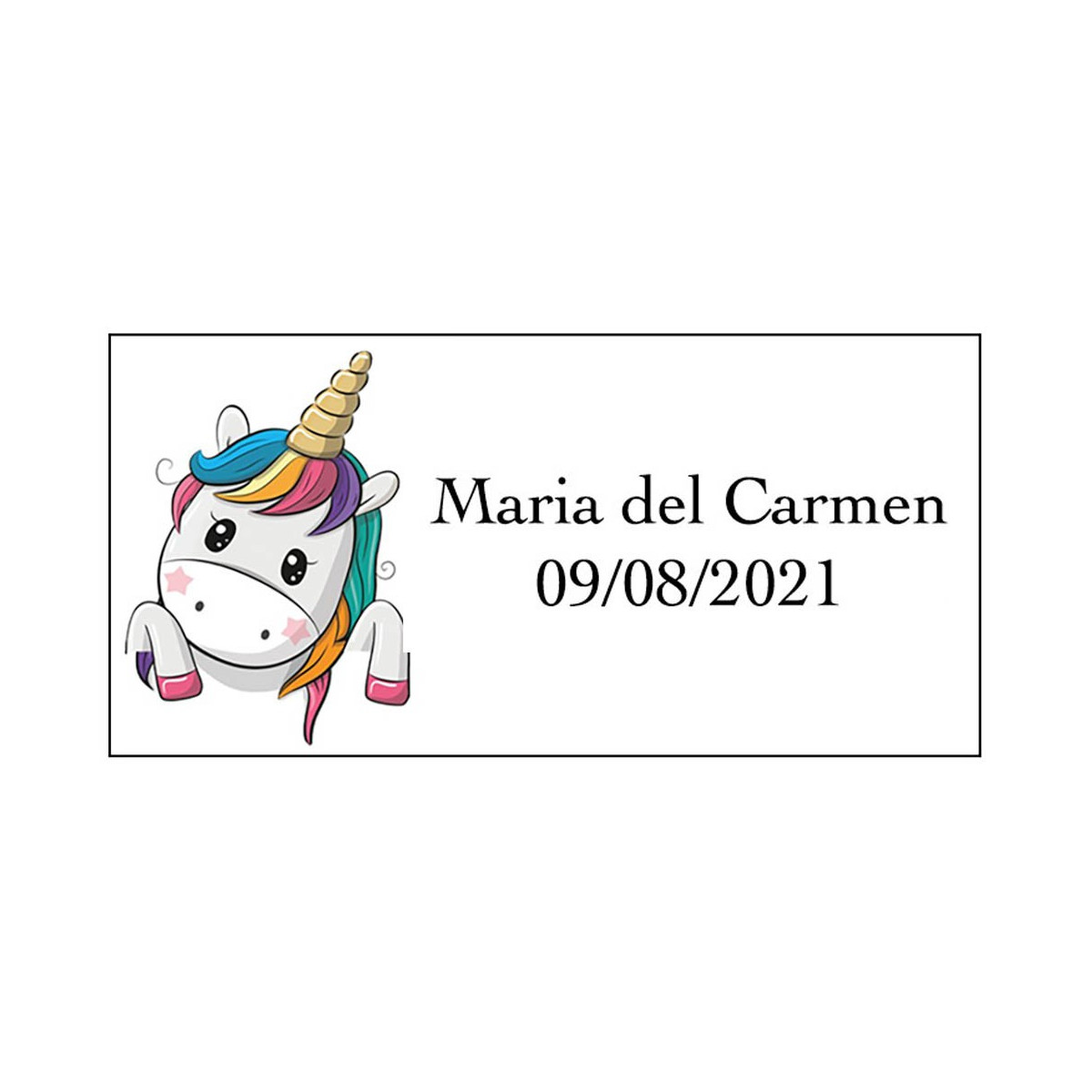Adesivo cuori unicorno rettangolare personalizzato con nome e data