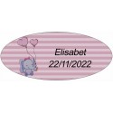 Adesivo elefante rosa ovale personalizzato per il battesimo
