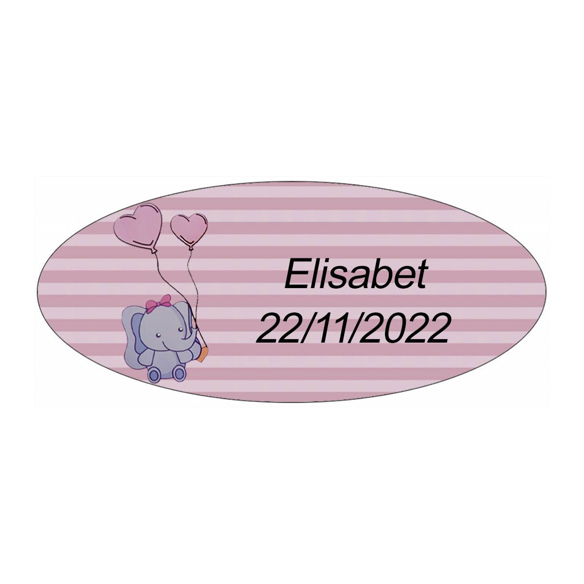 Adesivo elefante rosa ovale personalizzato per il battesimo