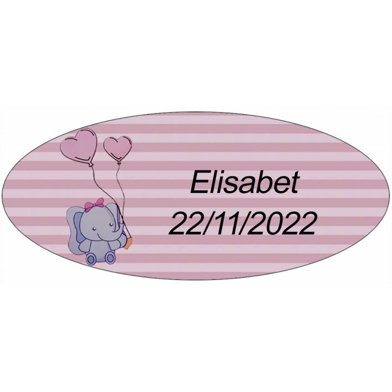 Adesivo elefante rosa ovale personalizzato per il battesimo