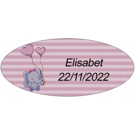 Adesivo Elefante Rosa, Ovale Personalizzato Per Il Battesimo