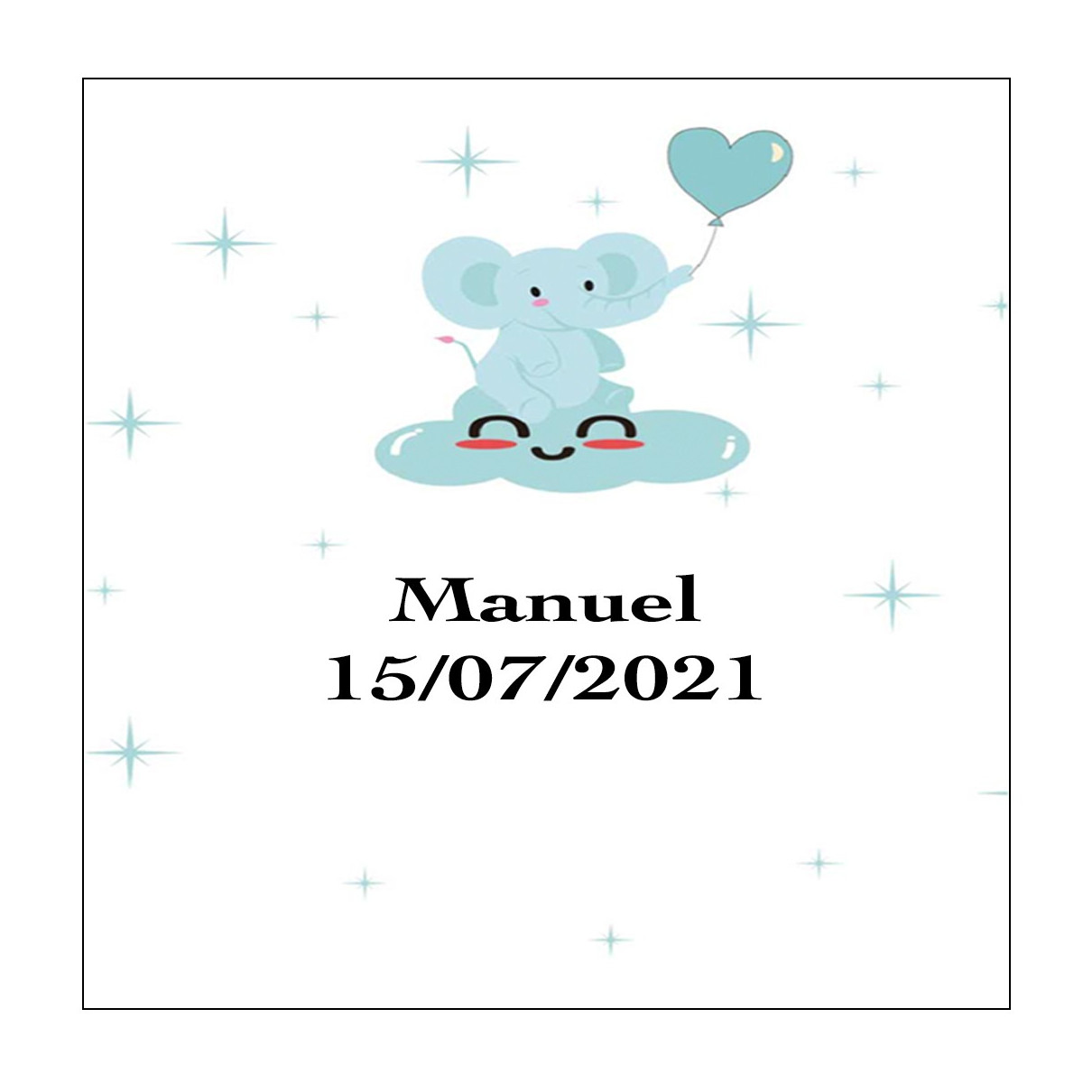Adesivo elefante blu quadrato personalizzato per battesimo