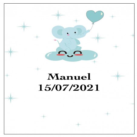 Adesivo Elefante Blu, Quadrato Personalizzato Per Battesimo