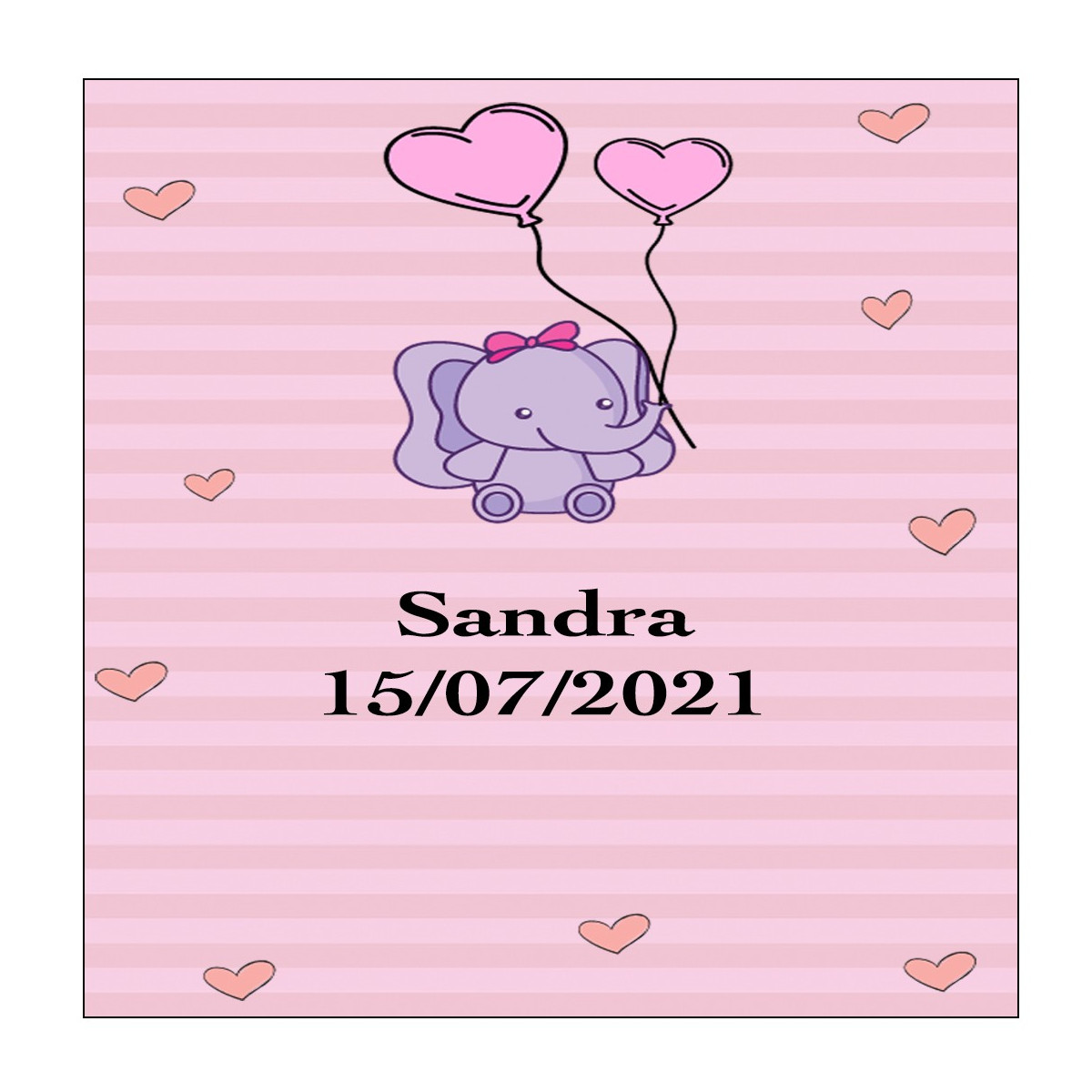 Adesivo elefante rosa quadrato personalizzato per battesimo