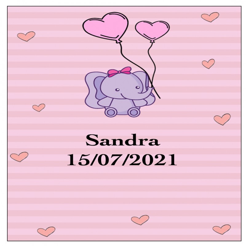 Adesivo elefante rosa quadrato personalizzato per battesimo