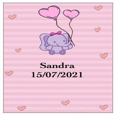 Adesivo Elefante Rosa, Quadrato Personalizzato Per Battesimo