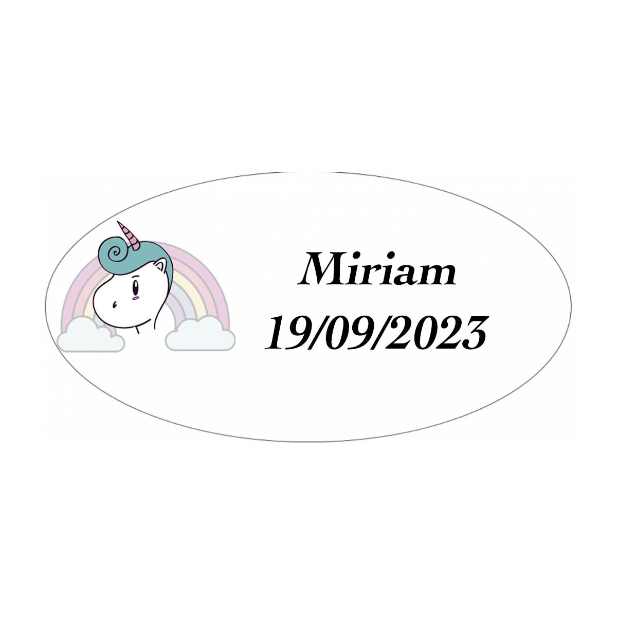 Adesivo unicorno arcobaleno ovale personalizzato con nome e data