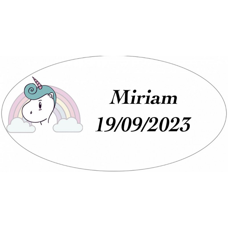 Adesivo Unicorno Arcobaleno, Ovale Personalizzato Con Nome E Data