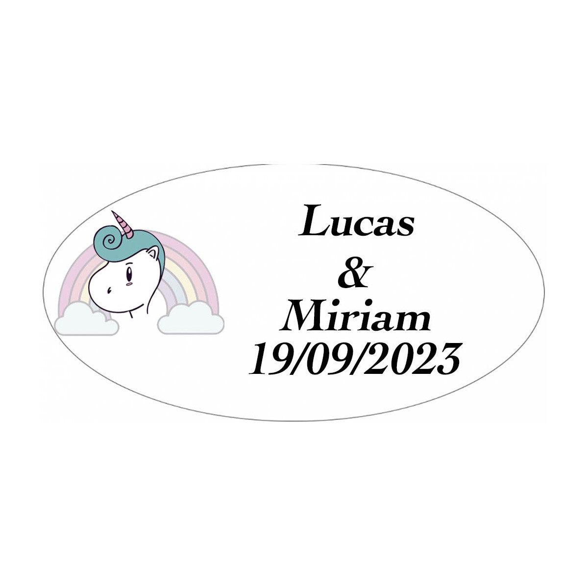Adesivo unicorno arcobaleno ovale personalizzato per matrimoni