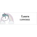 Adesivo rettangolare personalizzato con unicorno arcobaleno, con nome e data, per matrimoni, battesimi, comunioni, compleanni o