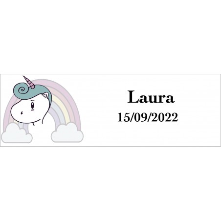 Adesivo Unicorno Arcobaleno, Nome E Data Rettangolari...