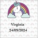 Adesivo quadrato personalizzato con unicorno arcobaleno, con nome e data, per matrimoni, battesimi, compleanni, comunioni e