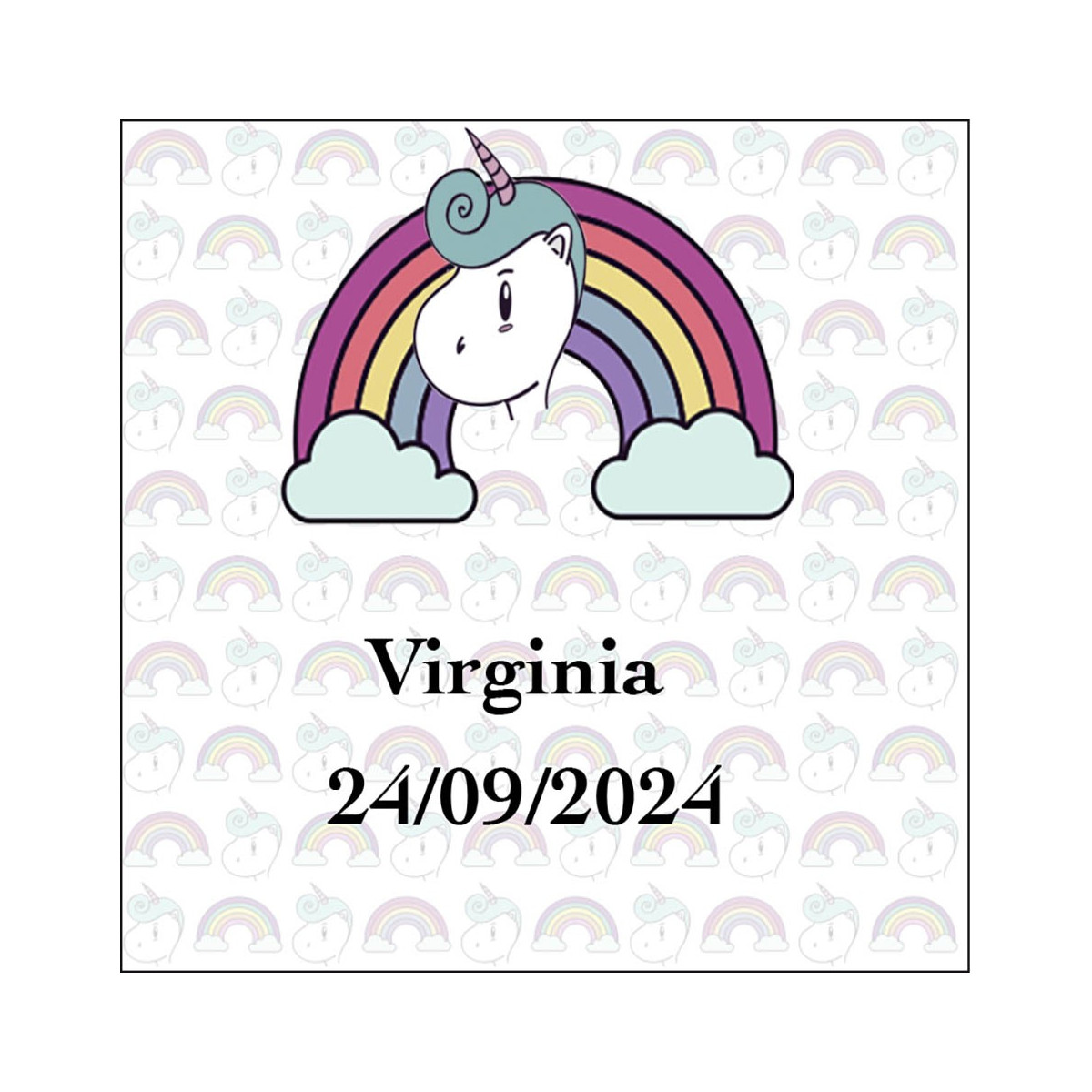 Adesivo quadrato personalizzato con unicorno arcobaleno, con nome e data, per matrimoni, battesimi, compleanni, comunioni e