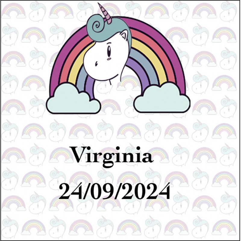 Adesivo quadrato personalizzato con unicorno arcobaleno, con nome e data, per matrimoni, battesimi, compleanni, comunioni e