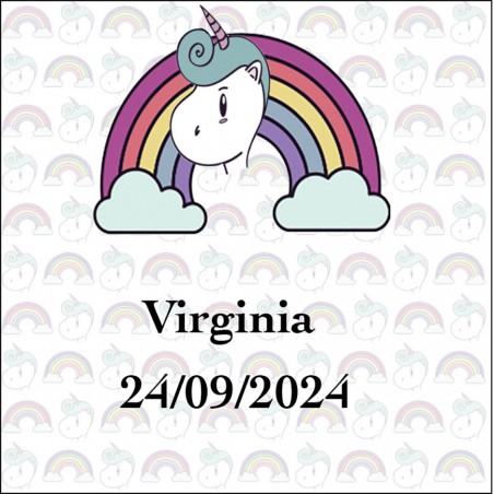 Adesivo quadrato personalizzato con unicorno arcobaleno, con nome e data, per matrimoni, battesimi, compleanni, comunioni e