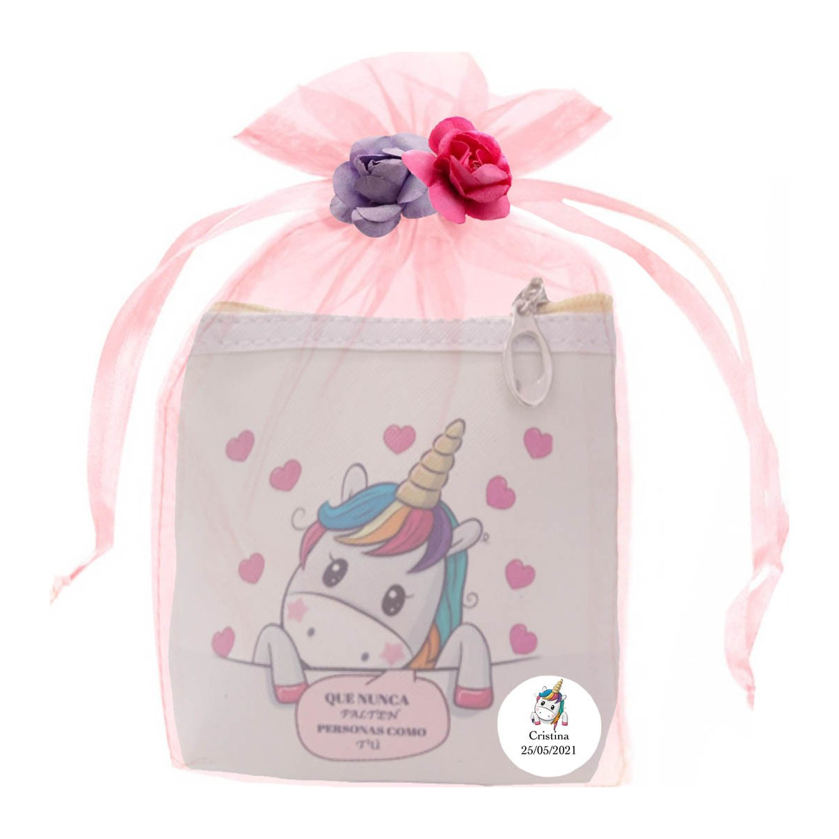 Borsa unicorno quadrata personalizzata e presentata in una borsa con fiori di carta