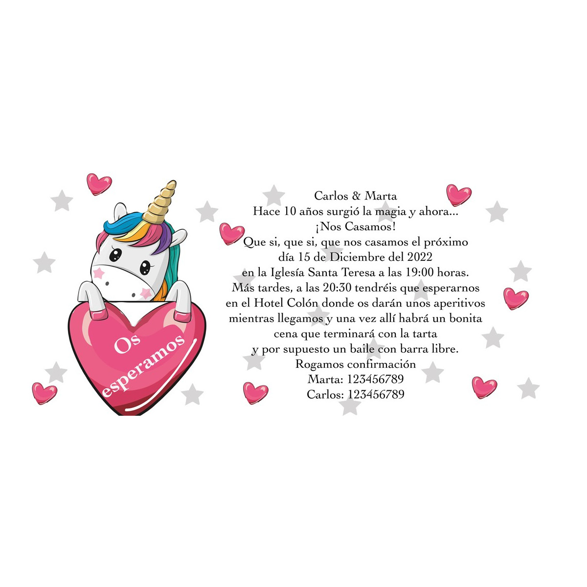 Invito di cuori di unicorno personalizzato per matrimoni