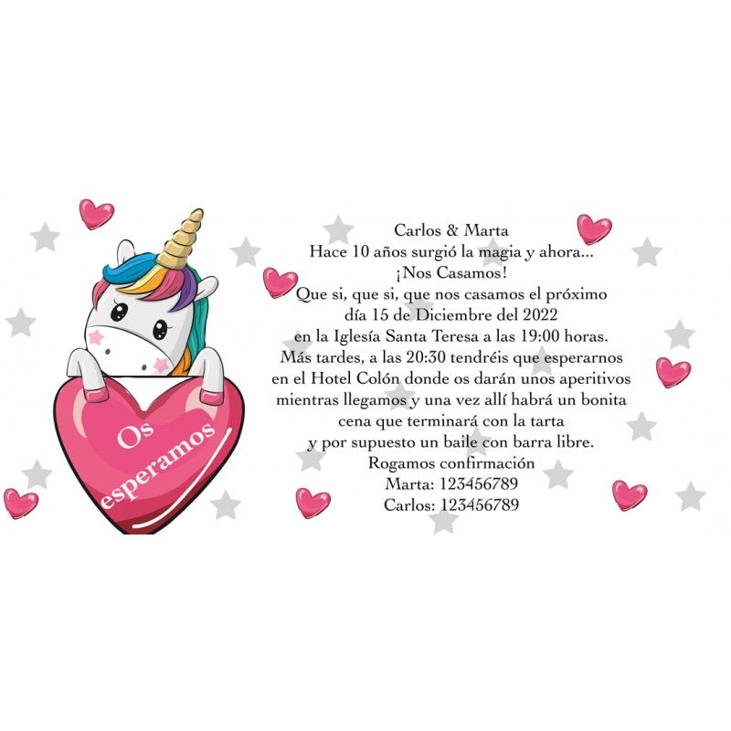 Invito di cuori di unicorno personalizzato per matrimoni