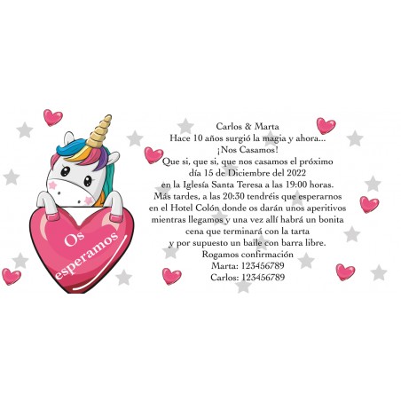 Invito di cuori di unicorno personalizzato per matrimoni