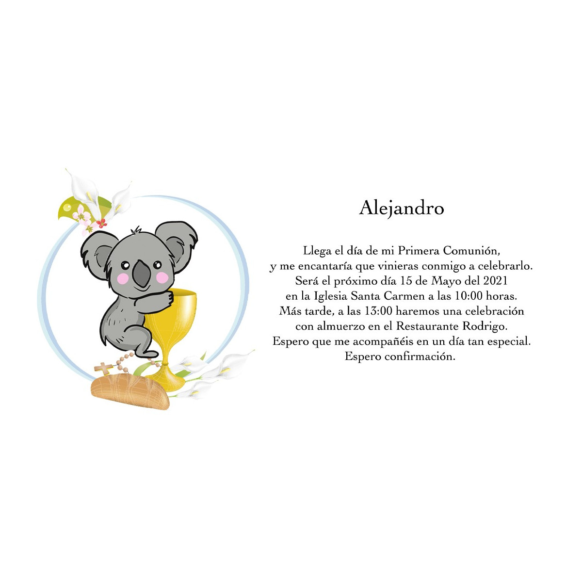 Invito koala personalizzato per comunione